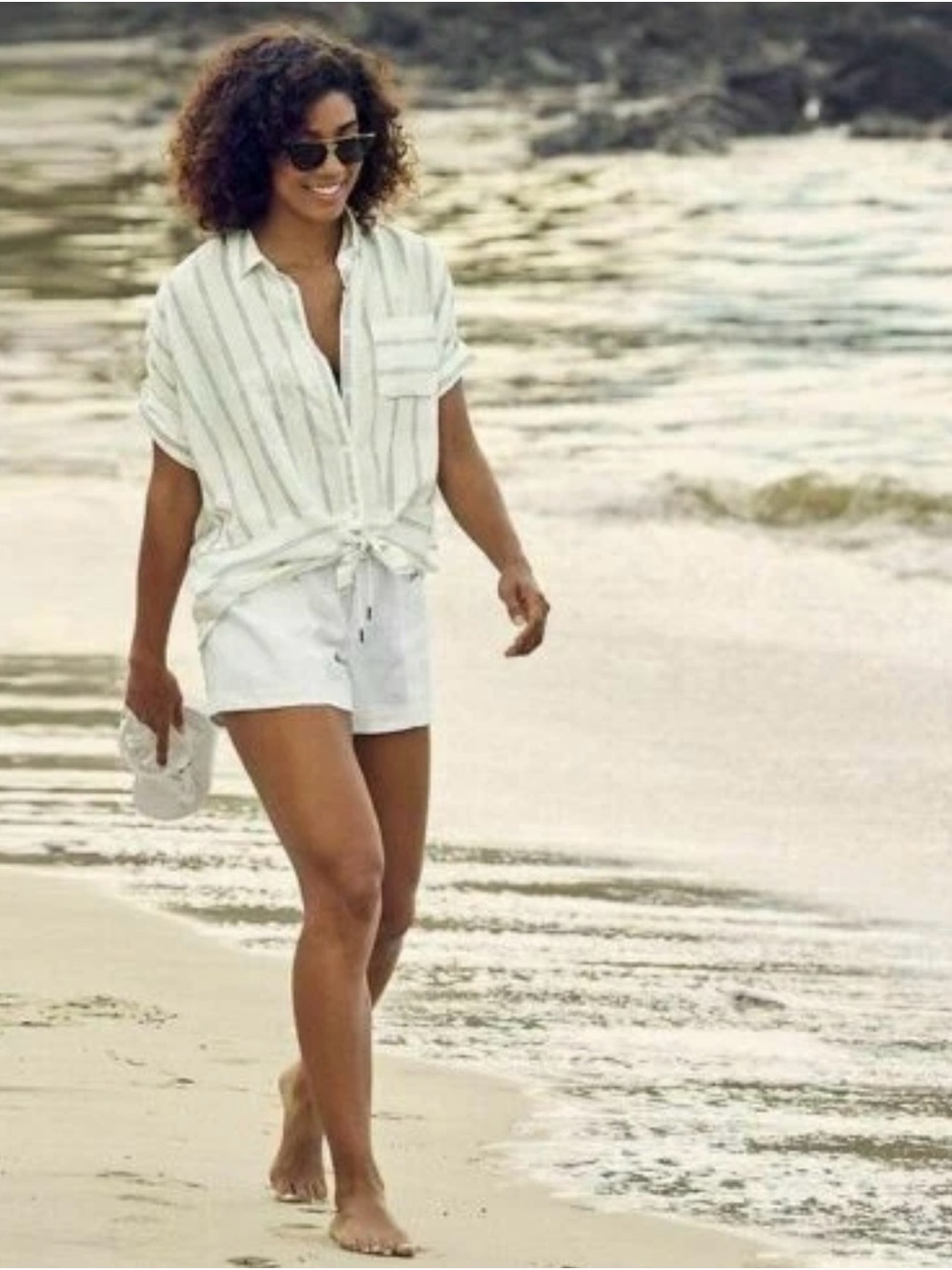 Athleta Anguilla Striped Linen Button Down Beach Coastal Resort Shirt